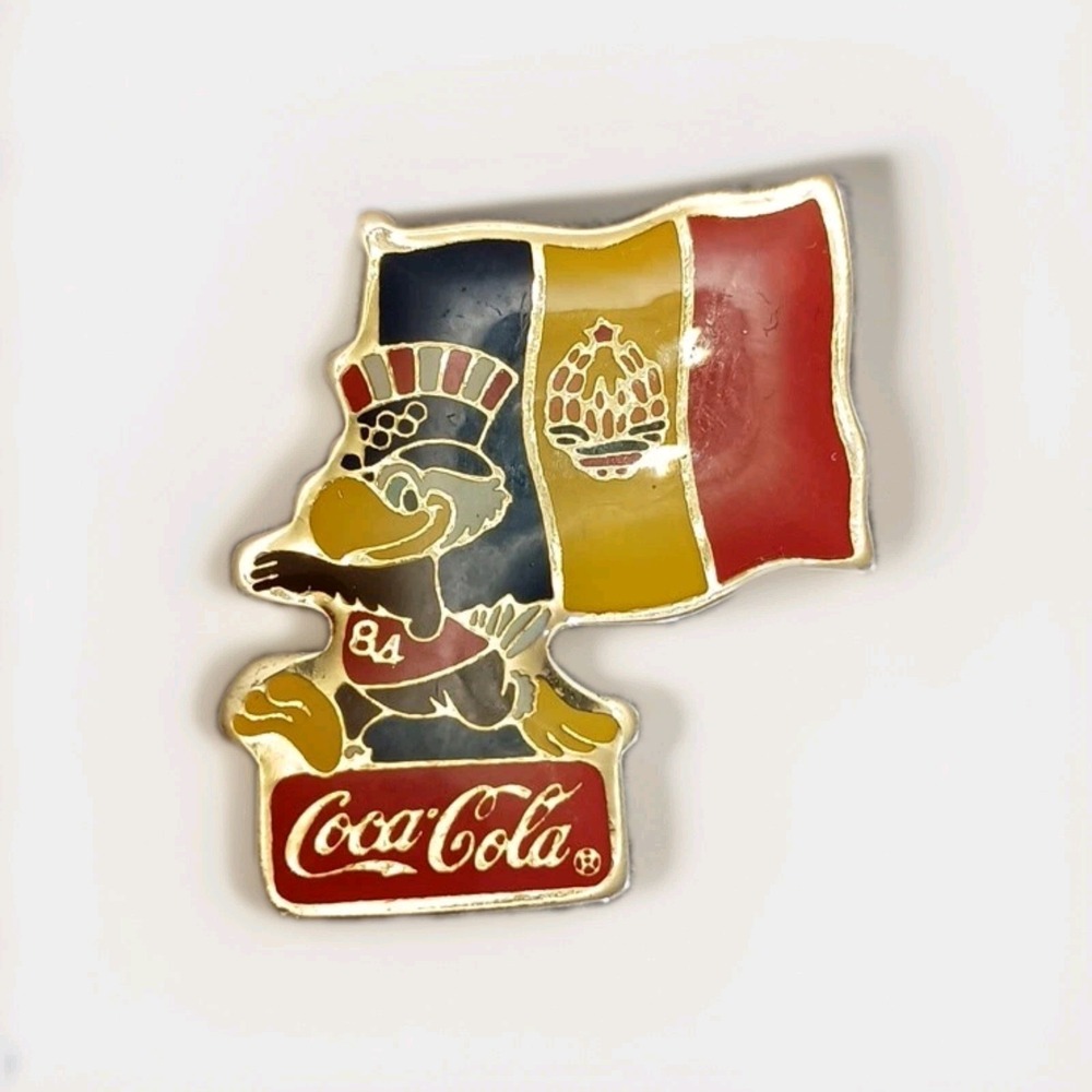 Vintage 1984 Los Angeles Olympics Coca Cola Sam Eagle Romania Flag Lapel Pin